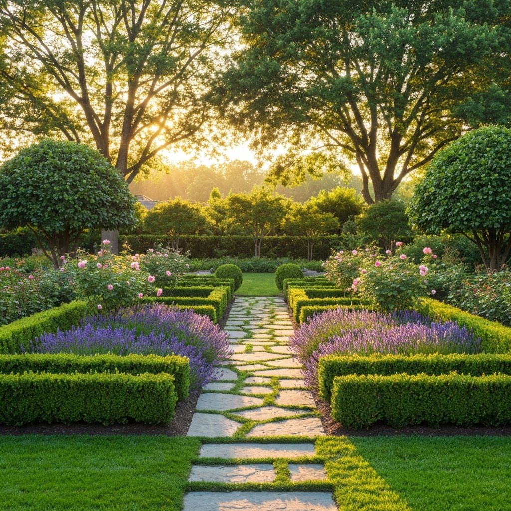Prachtige aangelegde tuin met bloemen en struiken